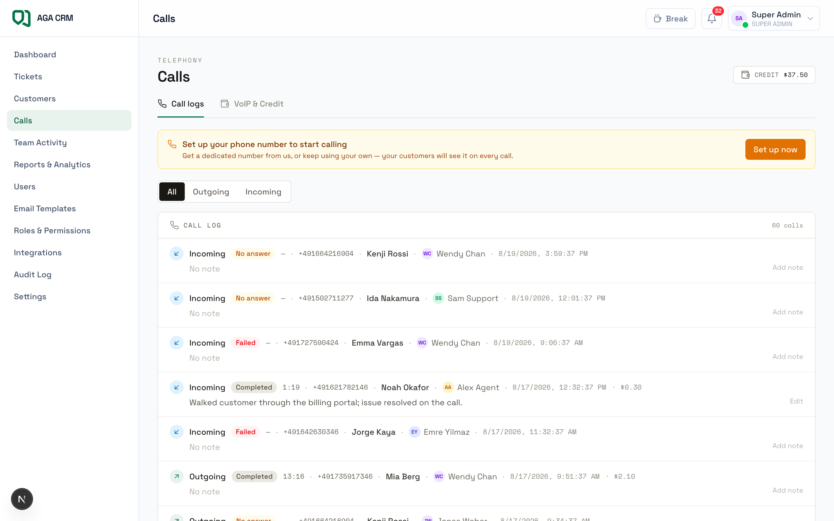 Calls view showing call history, durations, recordings and credit balance