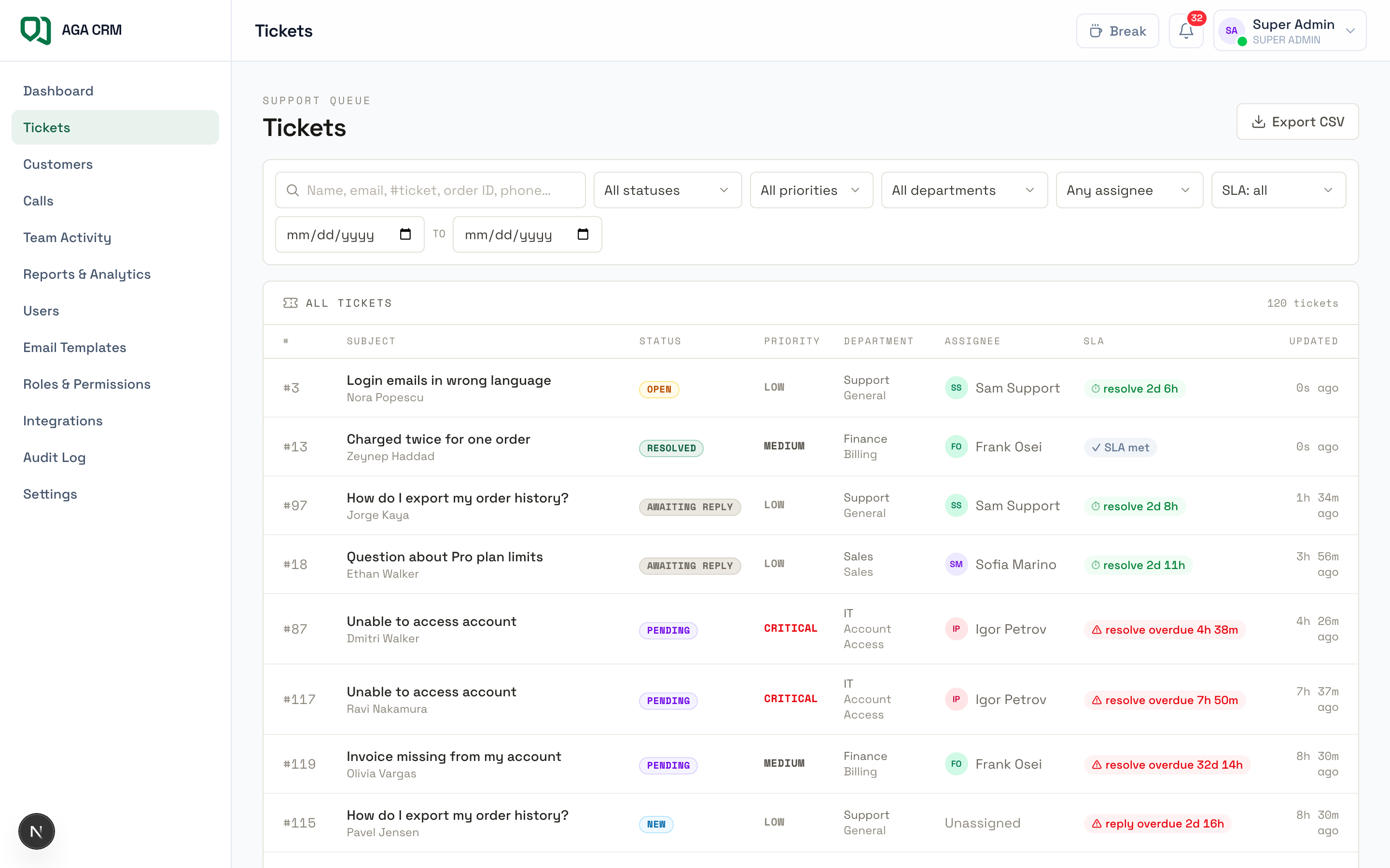 AGA CRM ticket queue with priorities, assignees, and live SLA countdowns